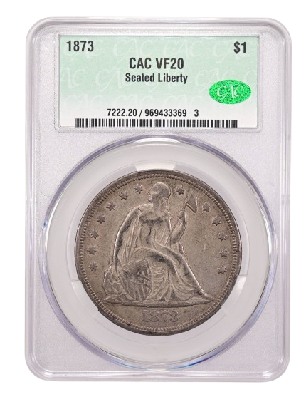 1873 Liberty Seated Dollar in CACG Holder with Very Fine 20 Grade, Obverse.