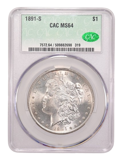 1891-S Morgan Dollar in CACG holder with Mint State 64 Grade, Obverse.