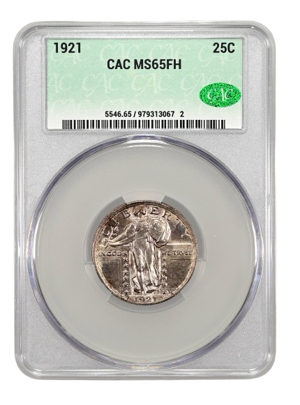 1921 Standing Liberty Quarter with Mint State 65 Grade and Full Head designation, Obverse
