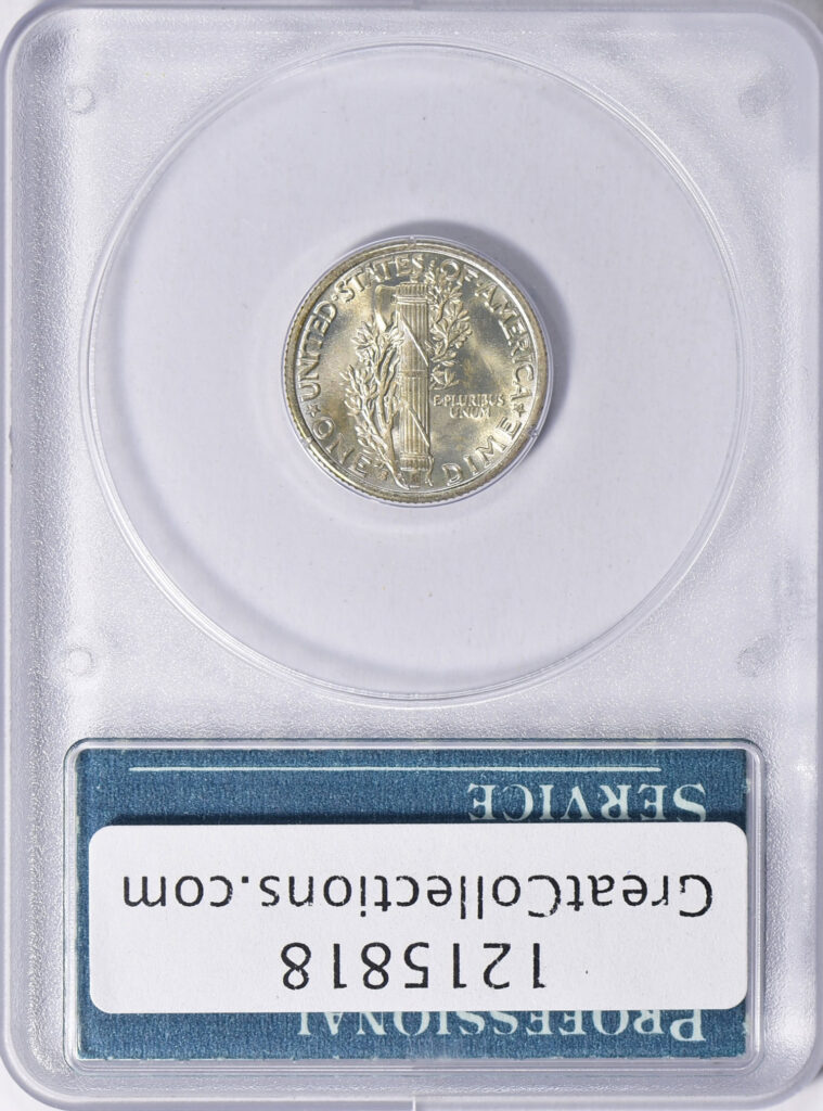 Reverse slab shot of a 1939-S Mercury Dime with Green CAC Sticker, graded an MS65 by PCGS.