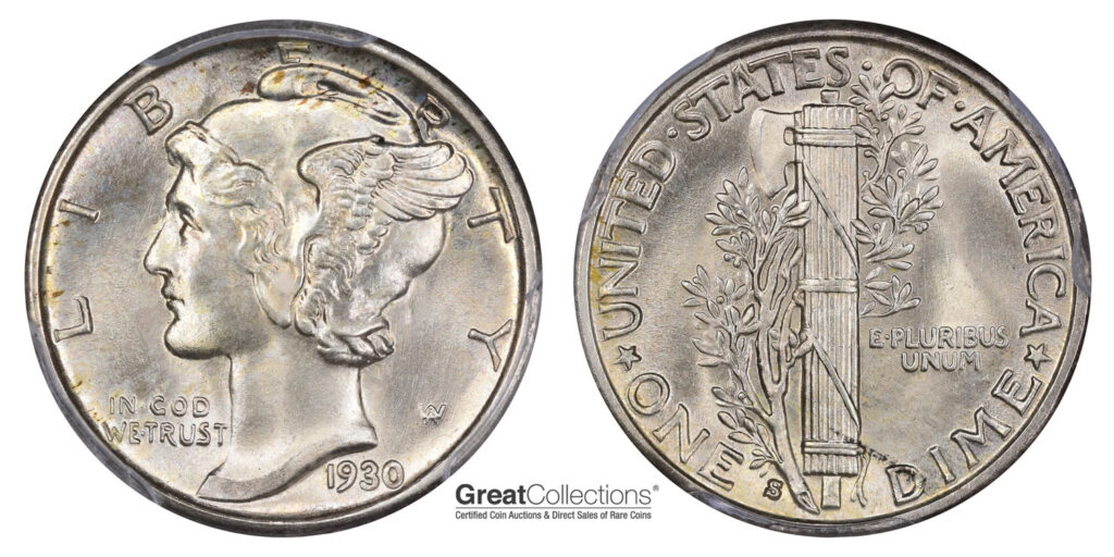 Obverse and Reverse of raw 1930-S Mercury Dime, photographed by GreatCollections.