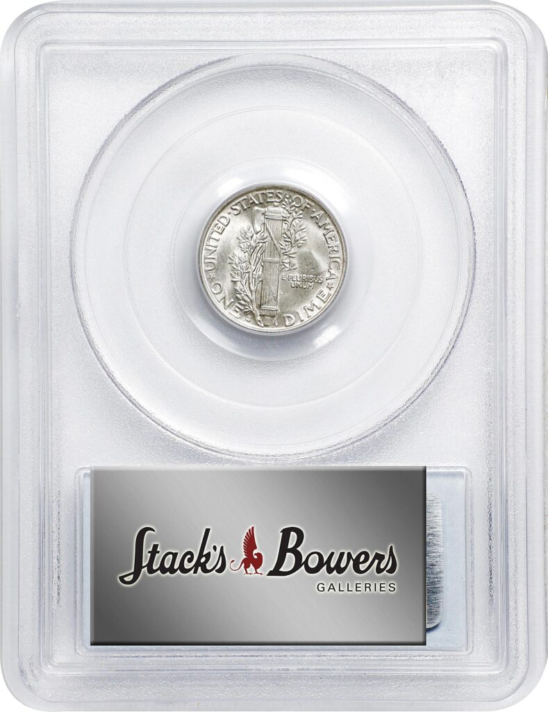 Reverse slab shot of a 1930-S Mercury Dime in a PCGS Holder graded an MS65, CAC Approved