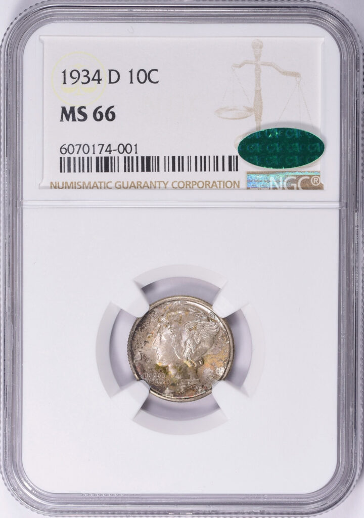 Obverse slab shot of a 1934-D Mercury Dime in an NGC holder graded an MS66, CAC Approved