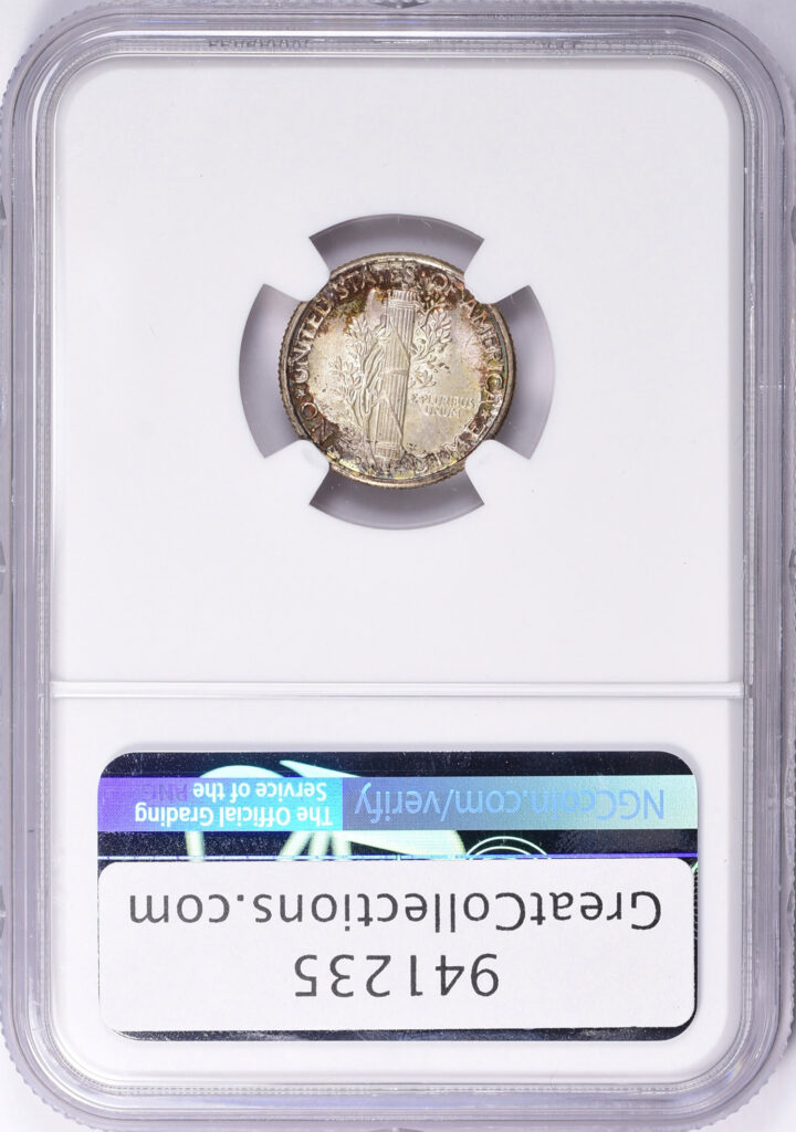 Reverse slab shot of a 1934-D Mercury Dime in an NGC holder graded an MS66, CAC Approved