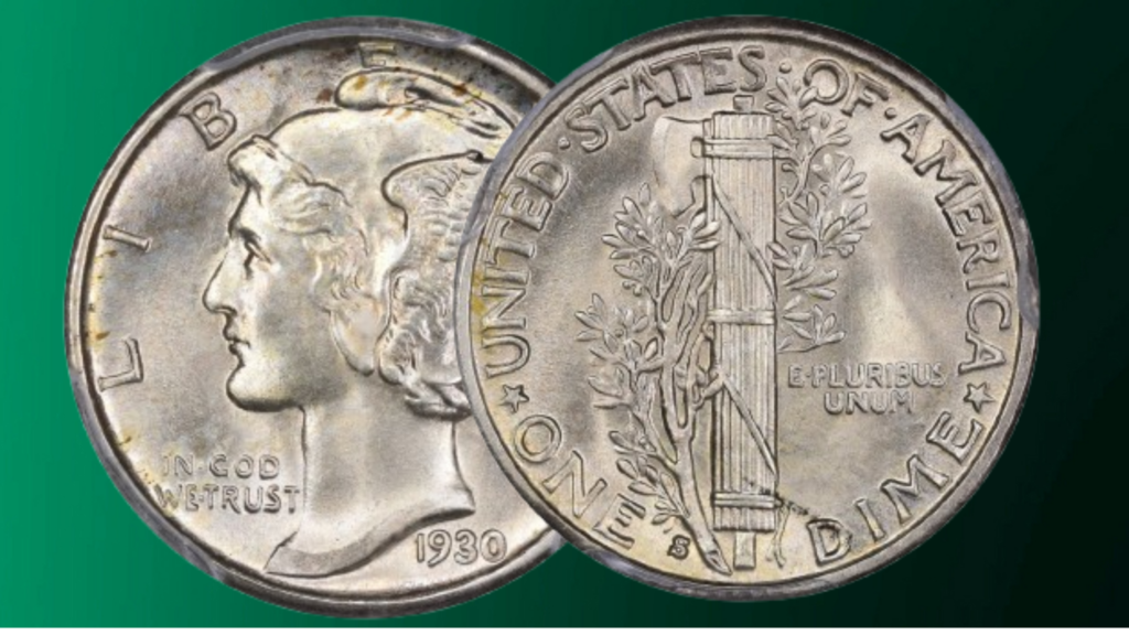 1930-S Mercury Dime Reverse overlapping Obverse on Green Gradient.