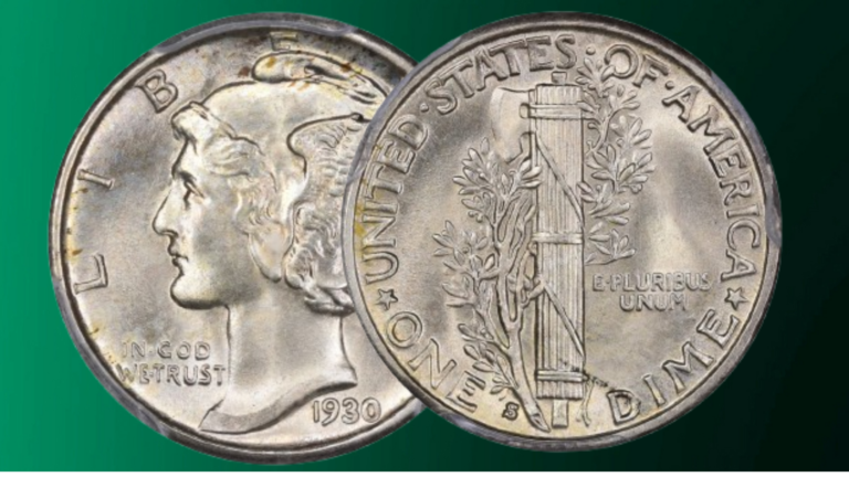 1930-S Mercury Dime Reverse overlapping Obverse on Green Gradient.