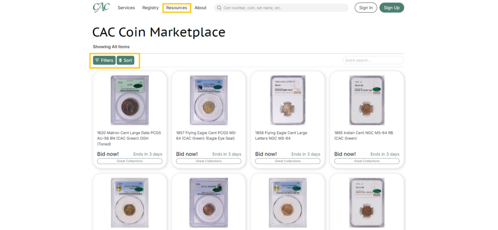 A screenshot of the CAC Coin Marketplace