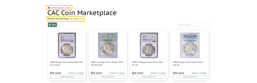 A screenshot of the CAC Coin Marketplace only displaying matching "My Want List" items.