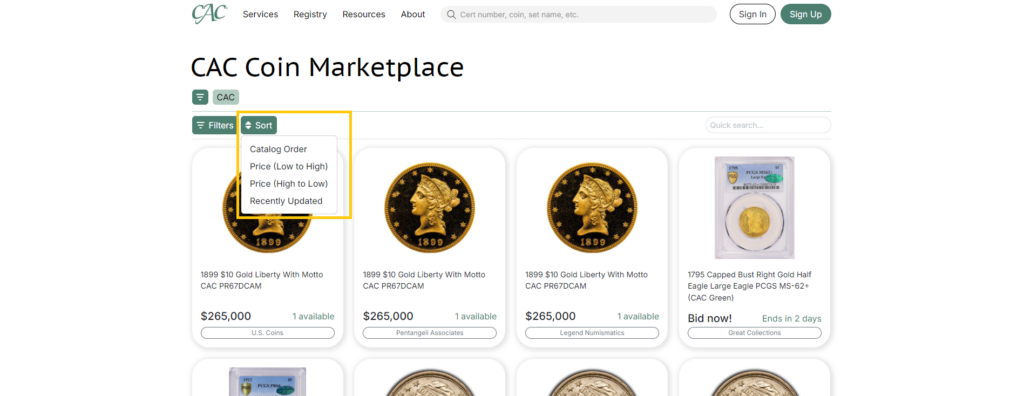 A screenshot of the CAC Coin Marketplace highlighting the location of the "Sort" button and it's options.