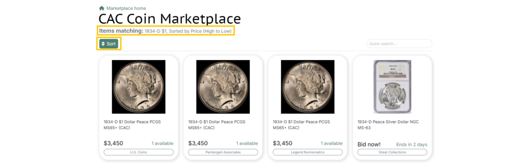 A screenshot of the CAC Coin Marketplace with 1934-D Morgan Dollars, sorted by price from high to low.