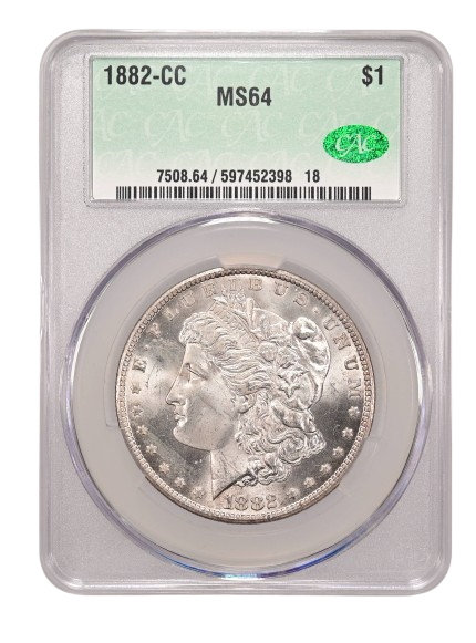 CAC Slab shot of an 1882-CC Morgan Silver dollar with a grade of MS64