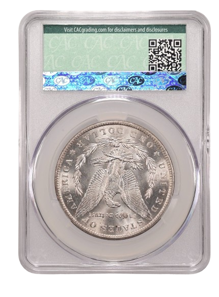 CAC Slab shot of an 1882-CC Morgan Silver dollar with a grade of MS64, reverse