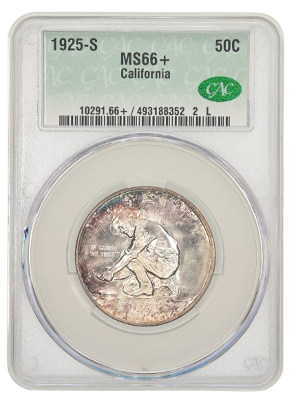 CAC Slab shot of a 1925-S California commemorative half dollar with a grade of MS66+
