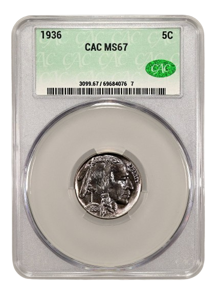 CAC Slab shot of a 1936 Buffalo Nickel with a Mint State 67 grade