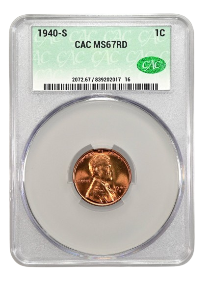 CAC slab shot of an 1940-S Lincoln cent with a grade of MS67 Full Red