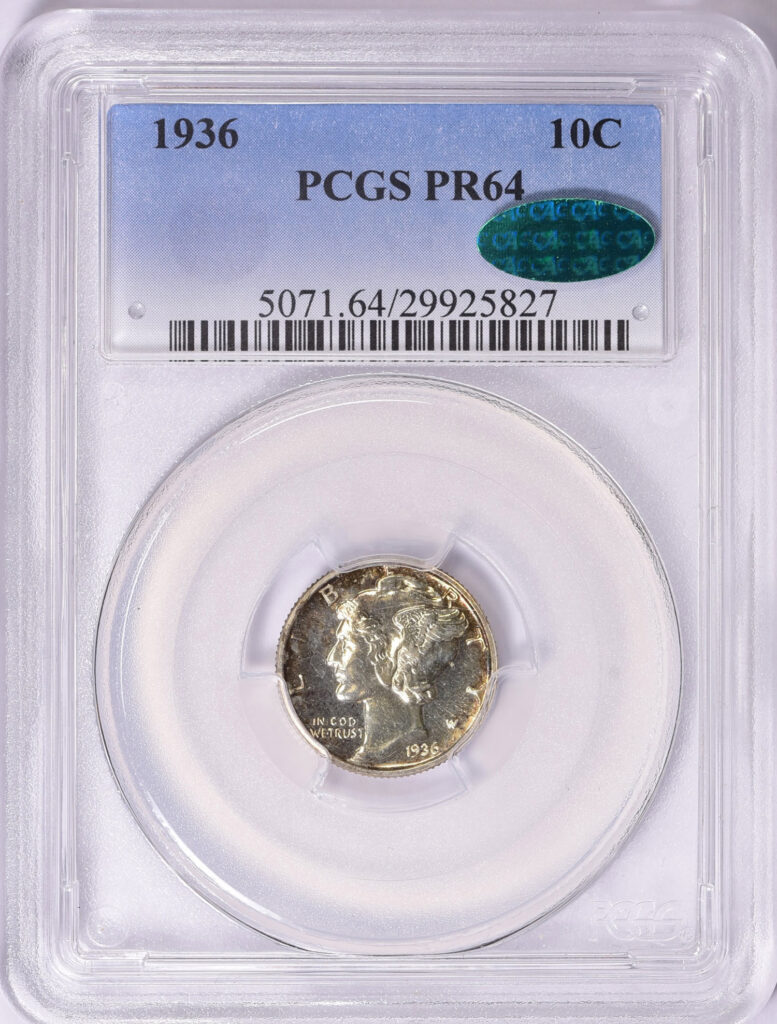 Image of a PCGS slab obverse containing a CAC Approved 1936 Proof 64 Mercury dime.