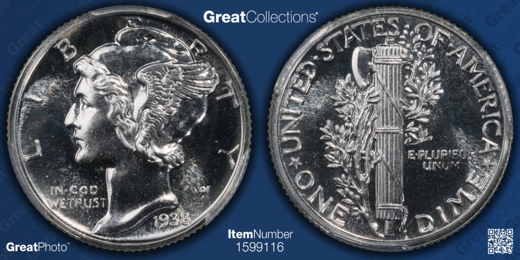 Great Collections obverse and reverse image of a 1938 Proof 64 Mercury Dime.