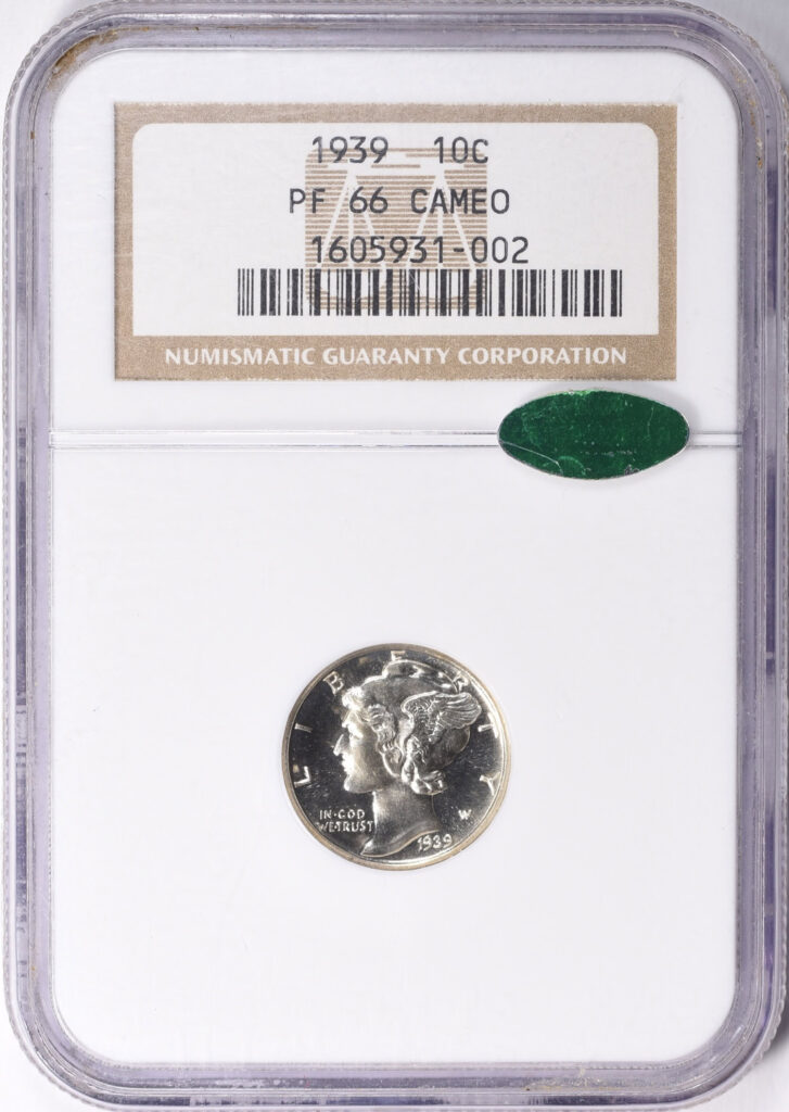 Obverse slab shot of an NGC graded, CAC Approved Proof 66 Cameo Mercury Dime.