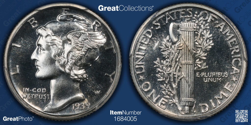 Great Collections obverse and reverse image of a 1939 Proof 66 Mercury Dime.