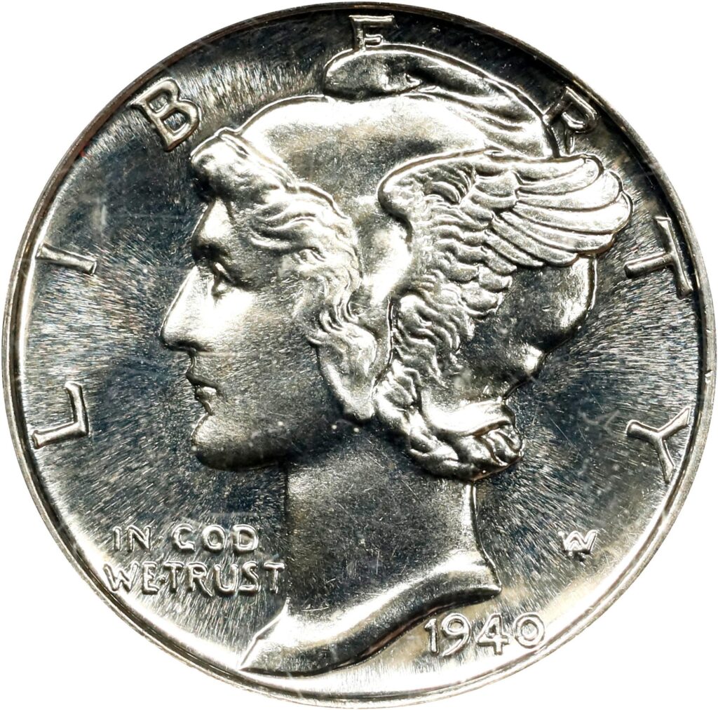 Raw obverse image of a 1940 Proof Mercury Dime