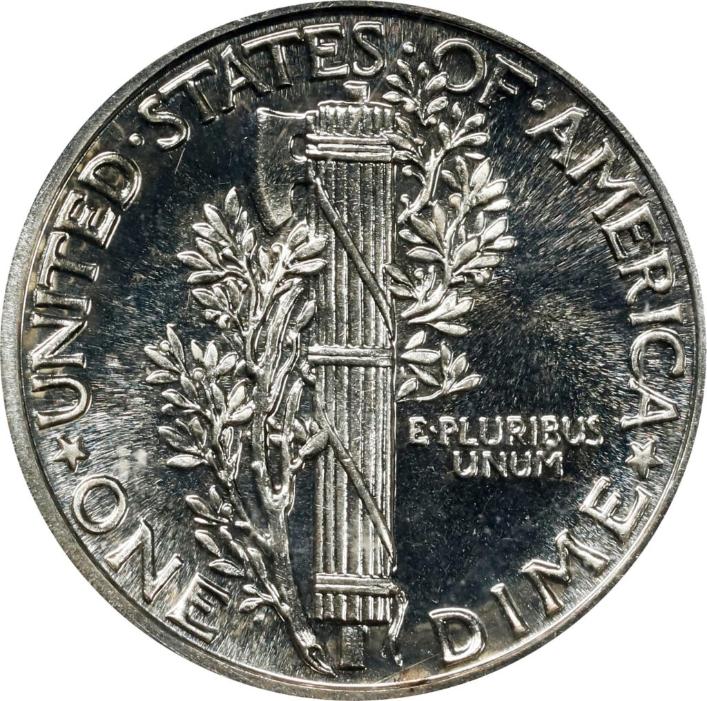 Raw reverse image of a 1940 Proof Mercury Dime