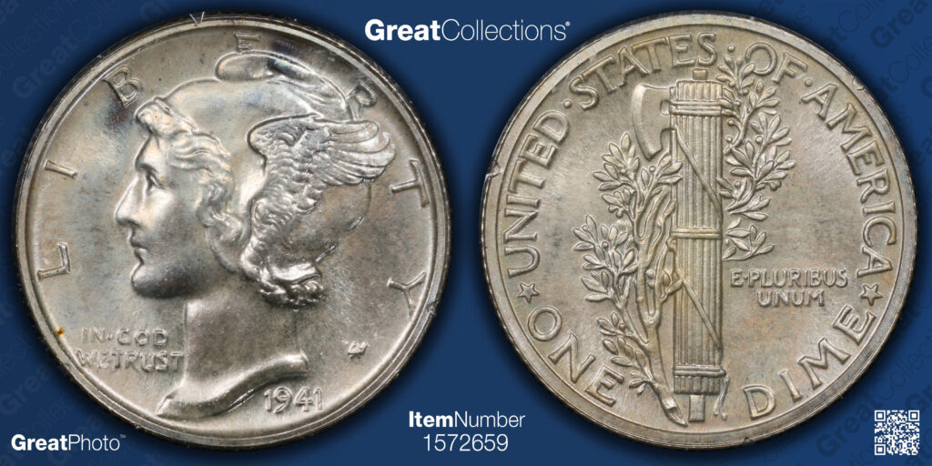 Great Collections obverse and reverse image of a 1941 Proof 66 Mercury Dime.