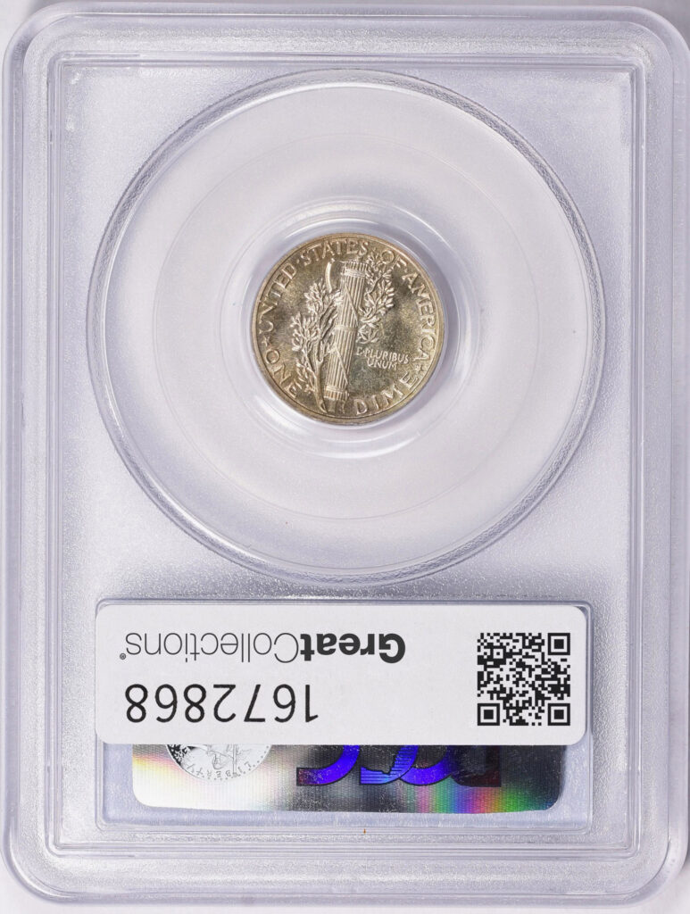 Reverse slab shot of a PCGS Graded, CAC Approved 1942 Proof 65 Mercury Dime