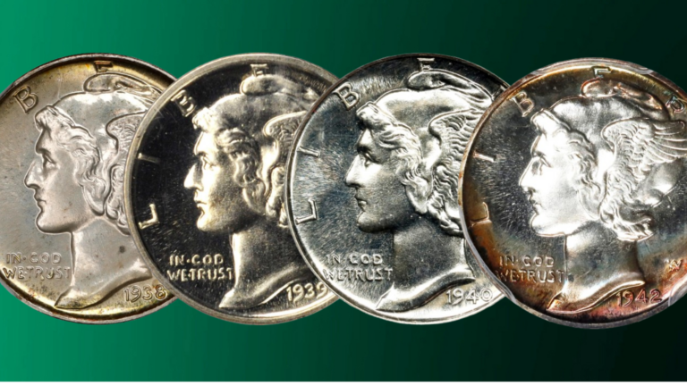Proof Mercury Dimes 1938 to 1942 on Green to Black Gradient.