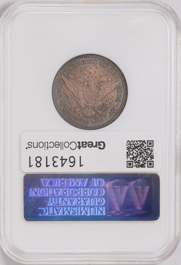 Reverse of a 1906-D Barber Quarter in NGC slab with CAC Approved MS64 grade