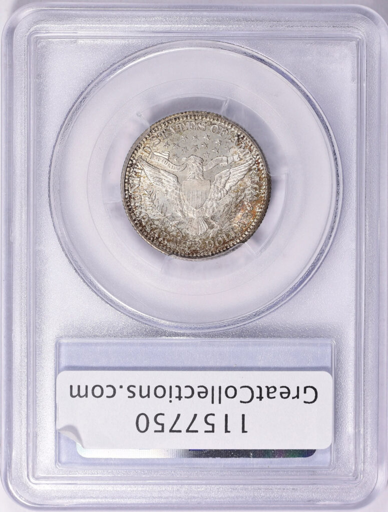 Reverse shot of a 1909 Barber Quarter in PCGS slab graded an MS64 with Green CAC Sticker