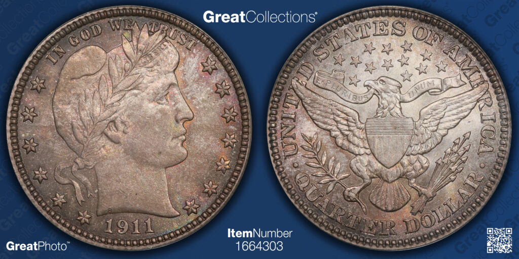 GreatCollections GreatPhoto image of a 1911 Barber Quarter Obverse and Reverse