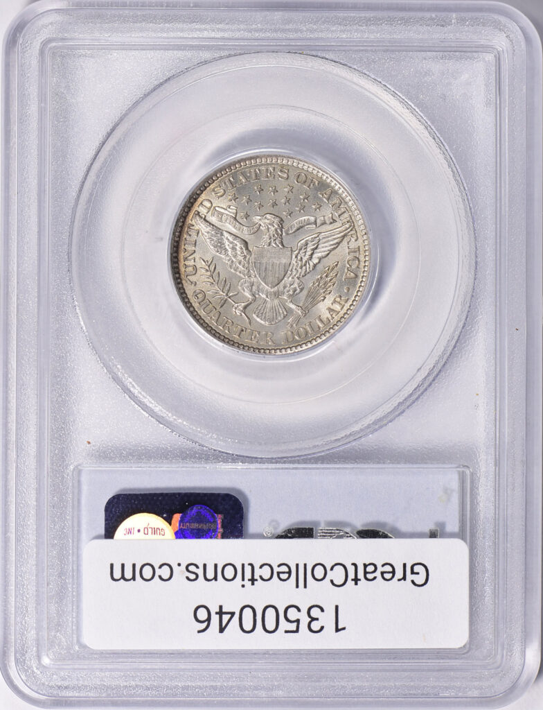 Reverse shot of an1894 Barber Quarter in PCGS slab graded an MS64 with Green CAC Sticker
