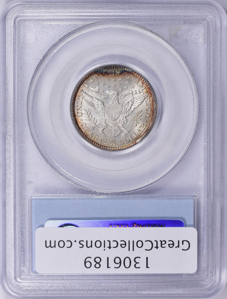 Reverse shot of an1894 Barber Quarter in PCGS slab graded an MS64 with Green CAC Sticker