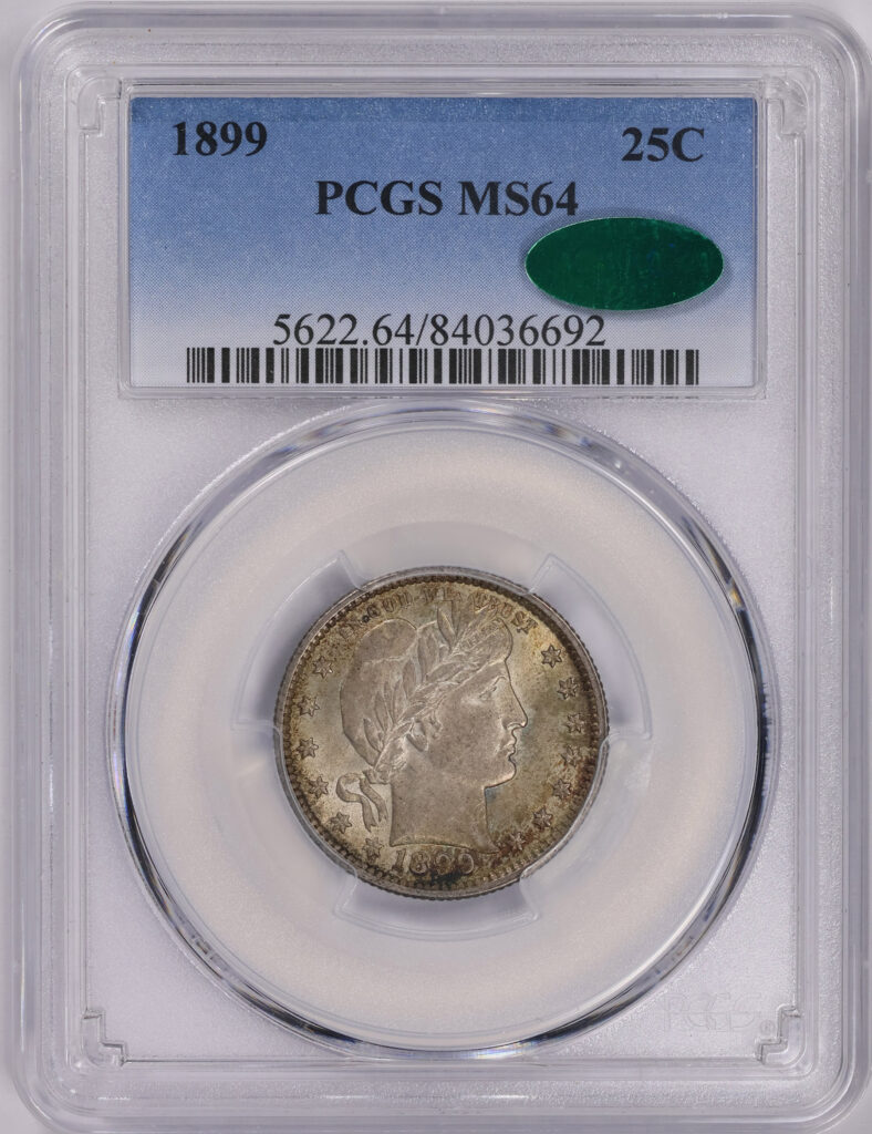 1899 Barber Quarter in PCGS slab graded an MS64 with Green CAC Sticker
