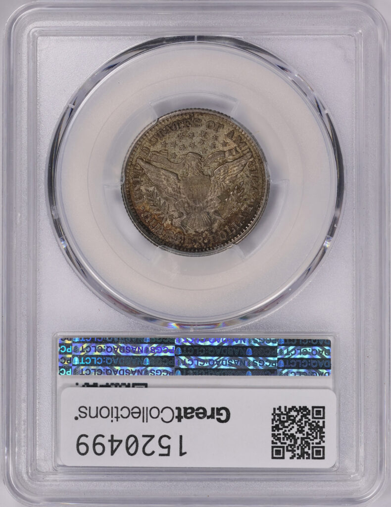 Reverse shot of an 1899 Barber Quarter in PCGS slab graded an MS64 with Green CAC Sticker