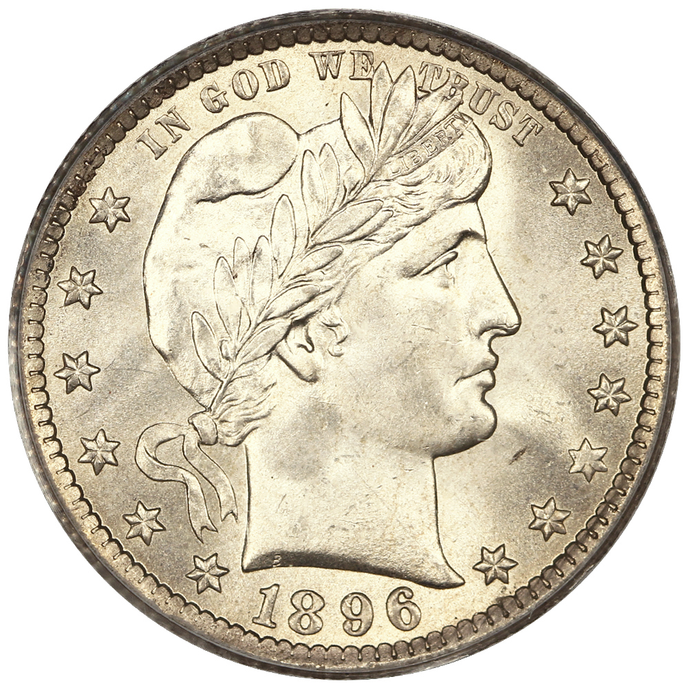 Obverse image of a raw 1896 Barber Quarter.