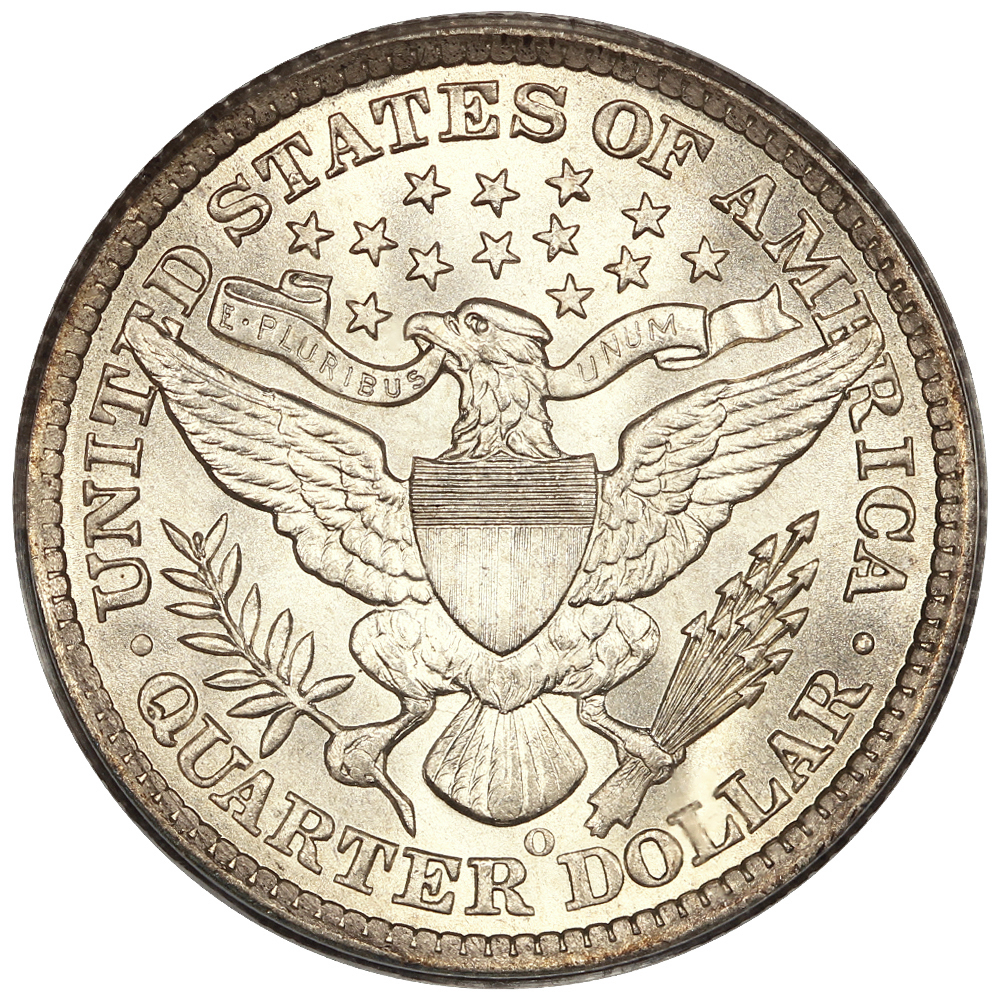 Reverse image of a raw 1896 Barber Quarter.