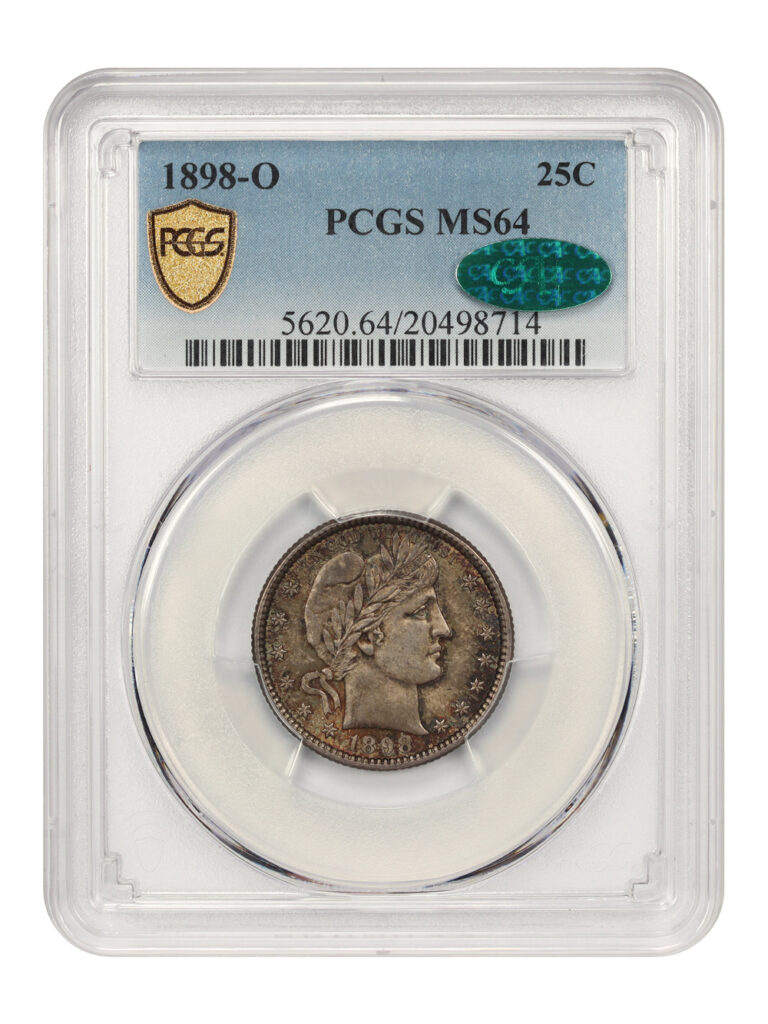 Obverse slab shot image of an 1898-O PCGS graded MS64 Barber Quarter with Green CAC Sticker.
