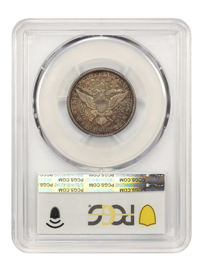 Reverse slab shot image of an 1898-O PCGS graded MS64 Barber Quarter with Green CAC Sticker.