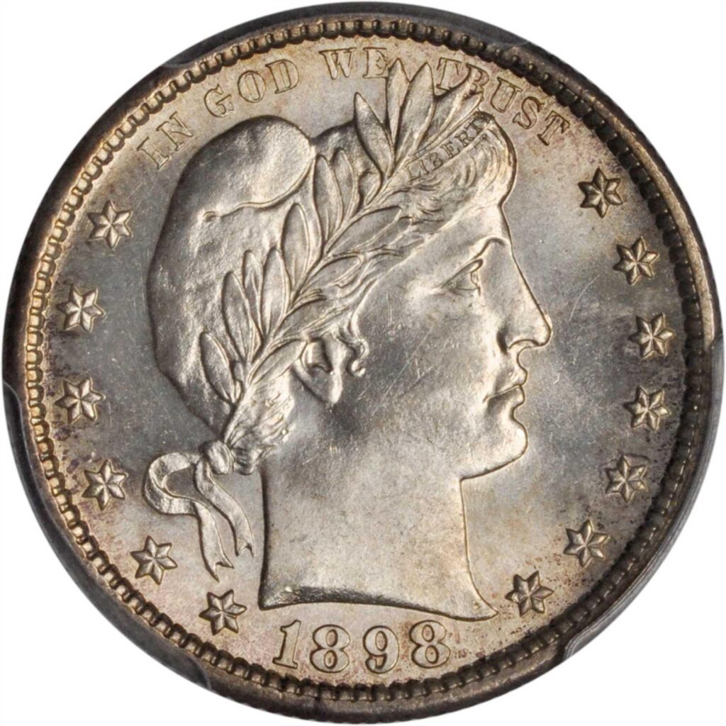 Obverse image of raw 1898-S Barber Quarter.