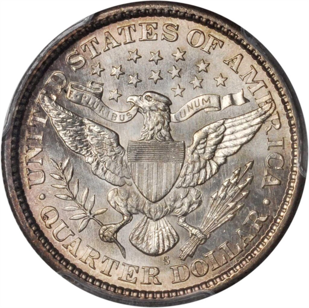 Reverse image of raw 1898-S Barber Quarter.