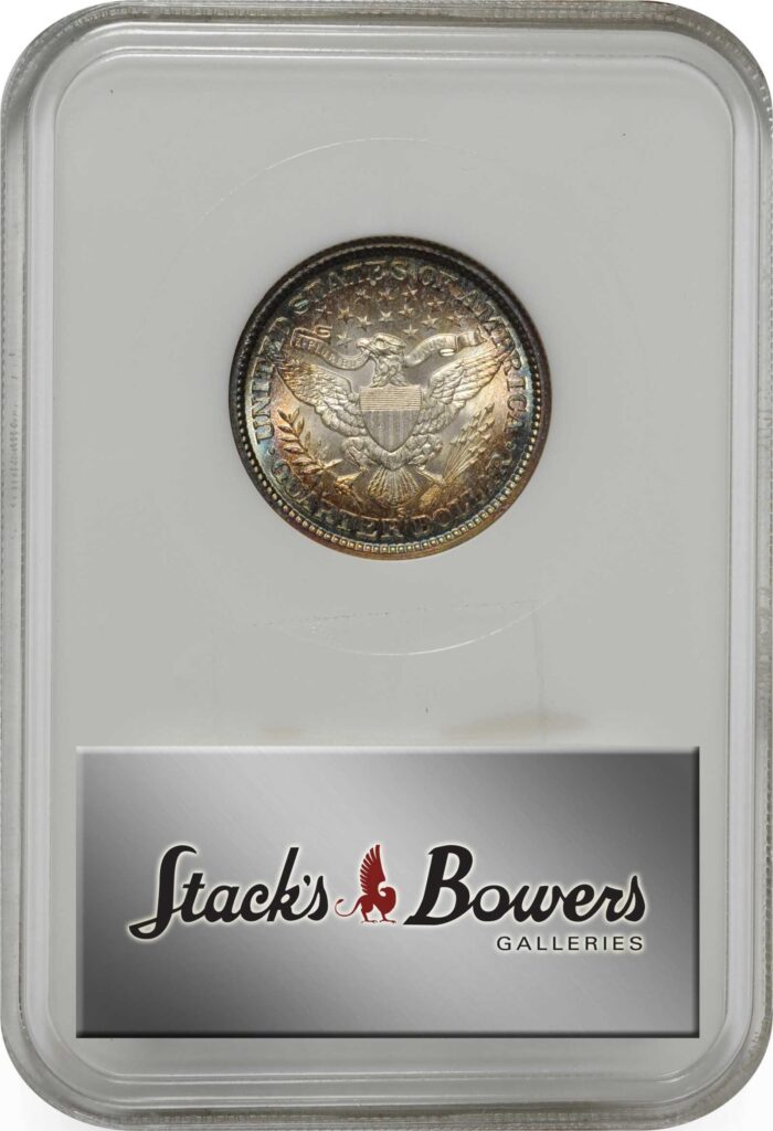 Reverse slab shot of 1899-S Barber Quarter in NGC holder with a CAC approved grade of MS65.
