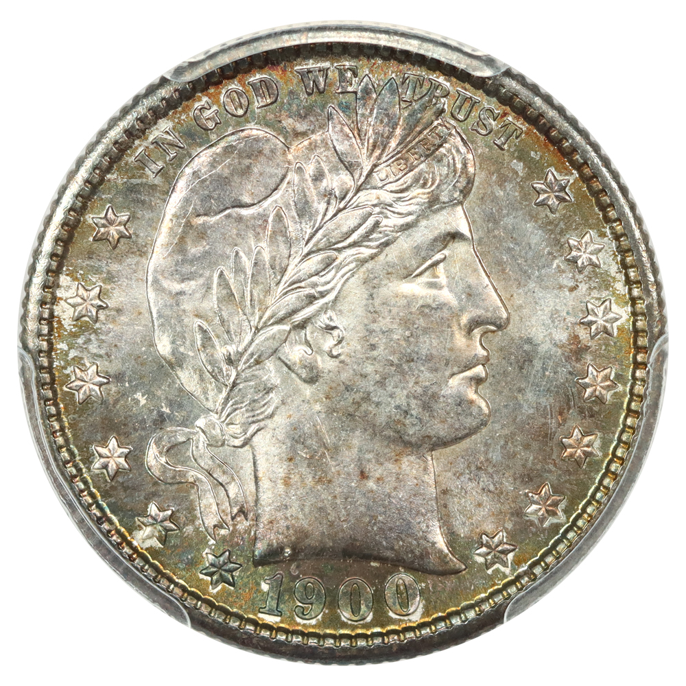Obverse image of a 1900-S Barber Quarter.