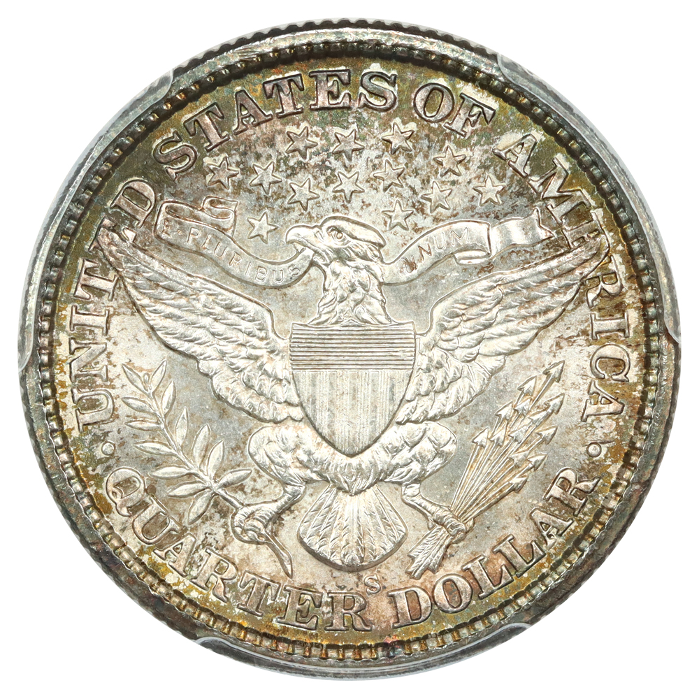 Reverse image of a 1900-S Barber Quarter.