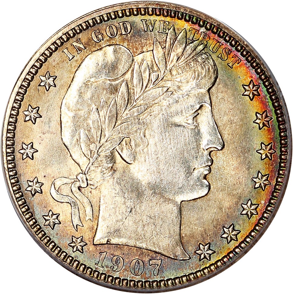 Obverse image of a 1907-S Barber Quarter.
