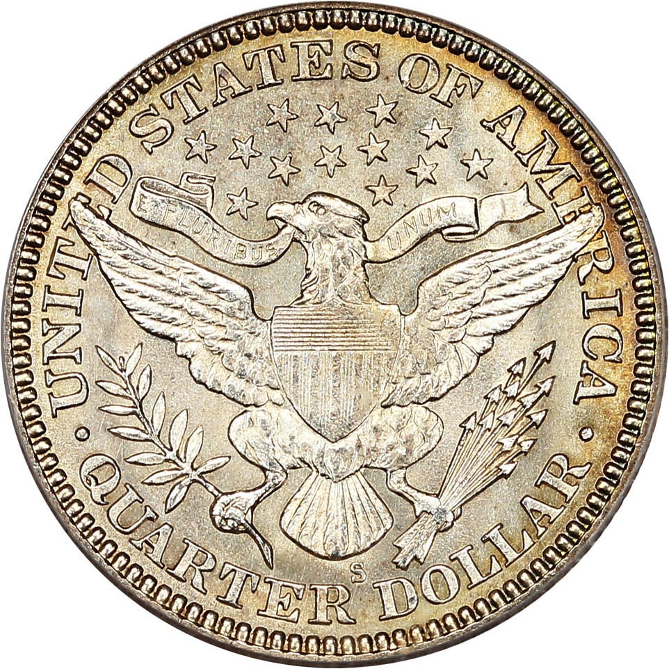 Reverse image of a 1907-S Barber Quarter.