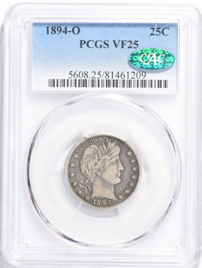 Obverse slab shot of 1894-O Morgan Dollar graded a VF25 with Green CAC Sticker