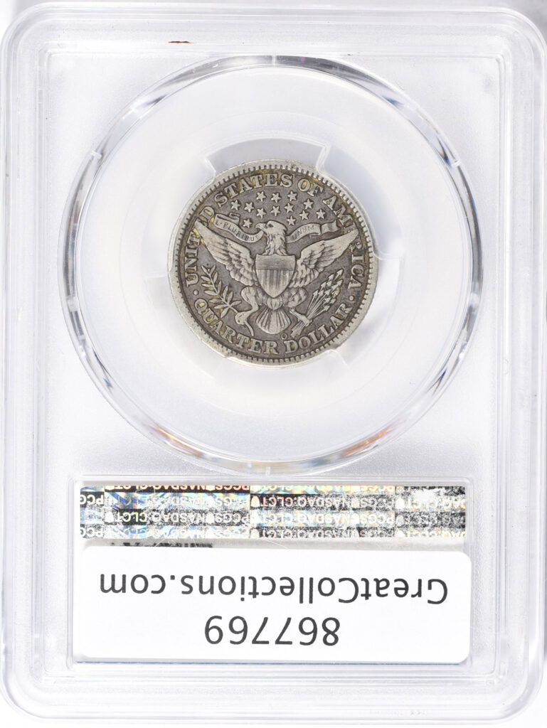 Reverse slab shot of 1894-O Morgan Dollar graded a VF25 with Green CAC Sticker