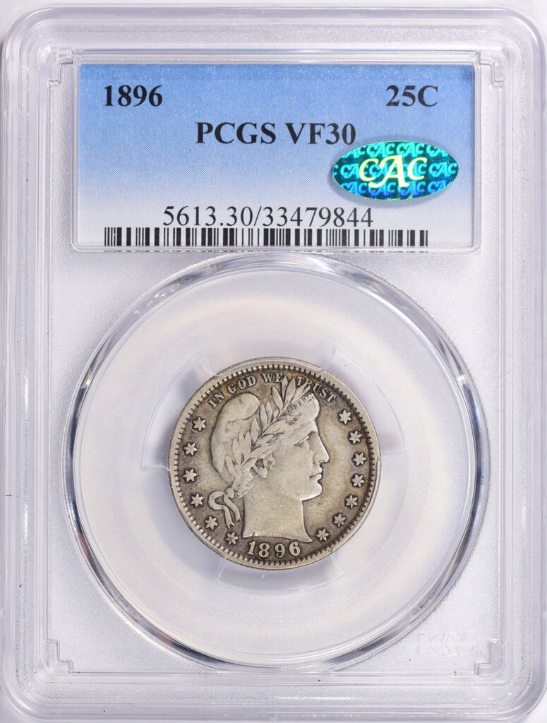 Obverse slab shot of 1896 Morgan Dollar graded a VF30 with Green CAC Sticker