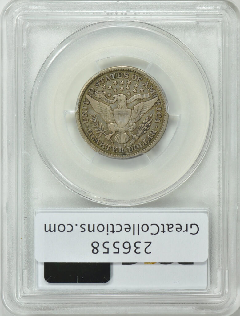 Reverse slab shot of 1899-S Morgan Dollar graded a VF25 with Green CAC Sticker